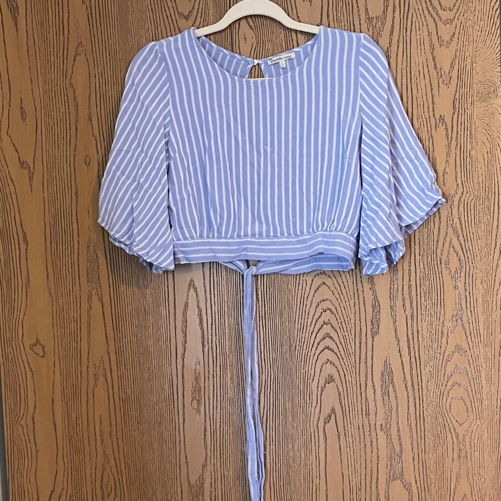 Blue and white striped blouse with keyhole tie back